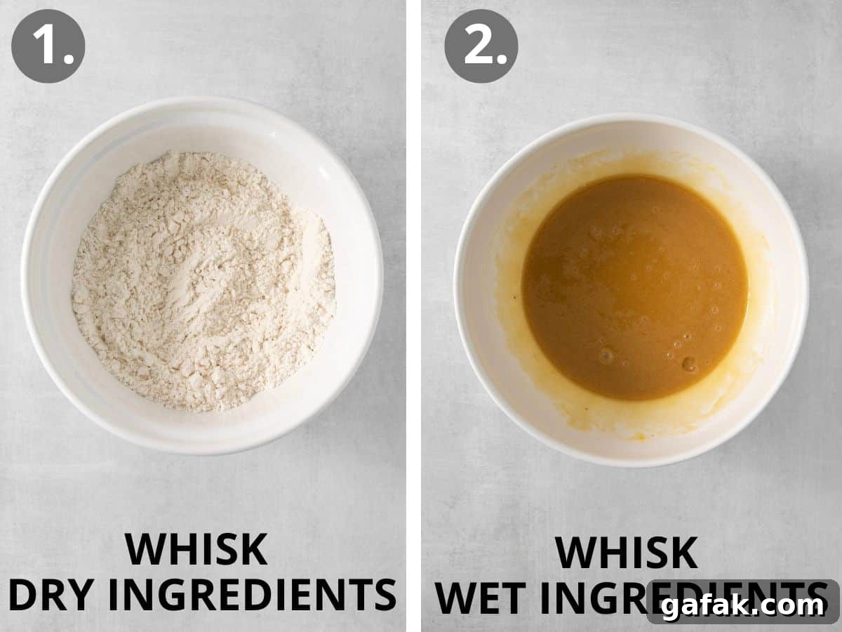 Dry ingredients in a mixing bowl, and wet ingredients in a mixing bowl