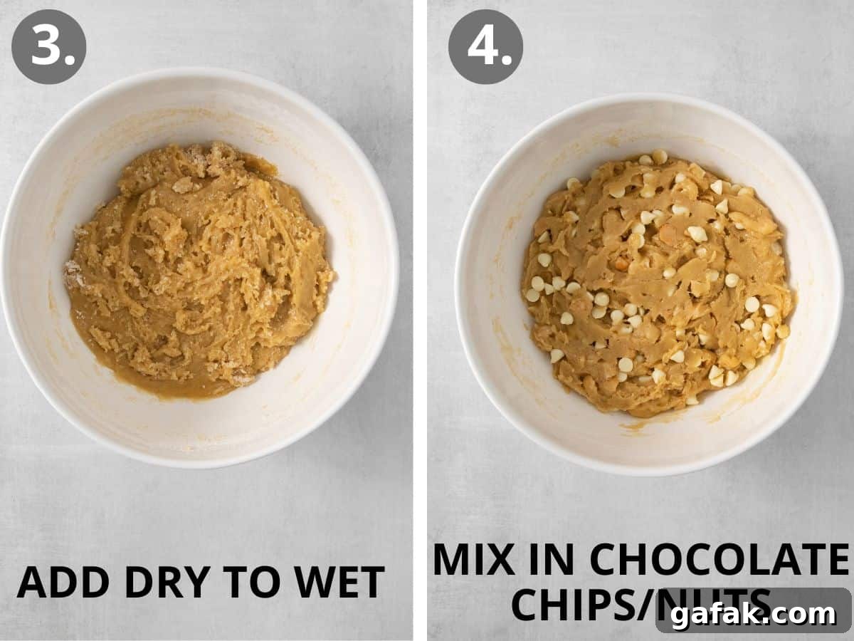 Dry ingredients and wet ingredients combined in a bowl, and chocolate chips and nuts mixed into the dough