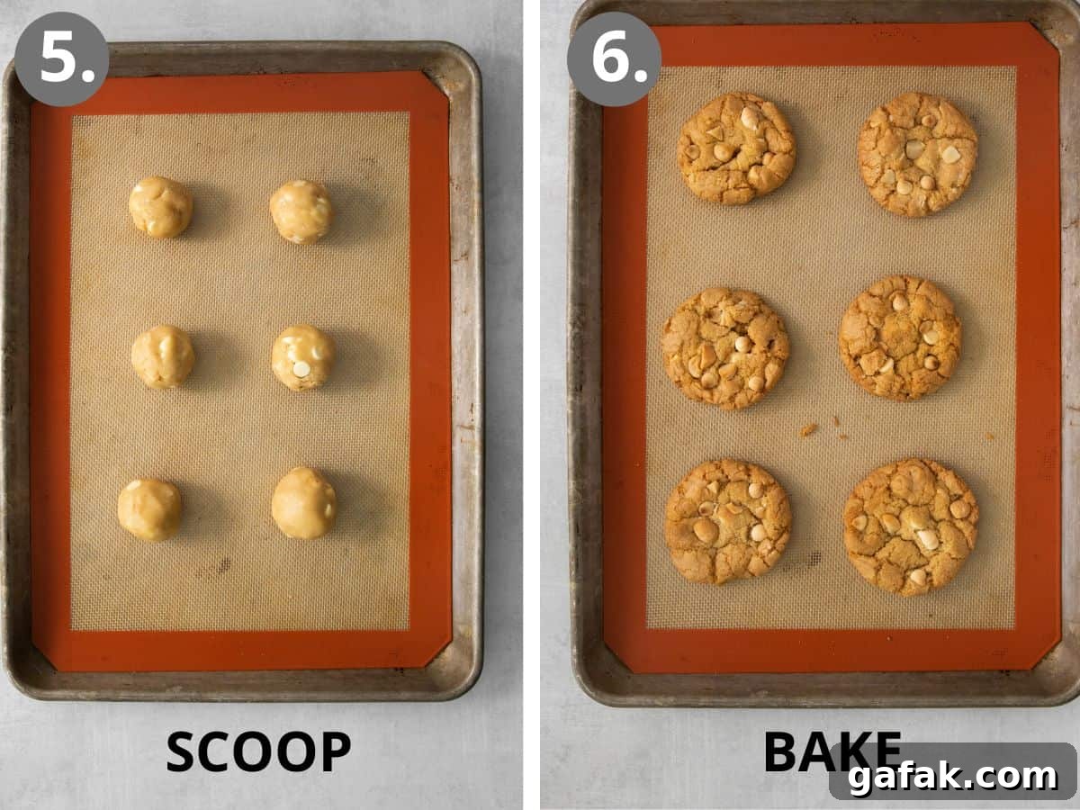 White chocolate macadamia nut cookie dough on a baking sheet, and baked cookies on a baking sheet