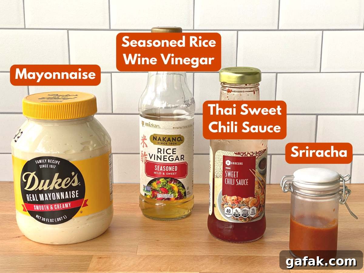 Bang bang sauce recipe ingredients: Mayonnaise, sweet chili sauce, sriracha, seasoned rice vingegar.