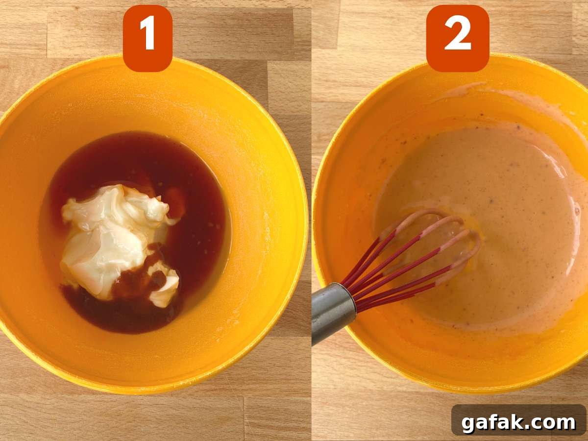 Collage of pictures to make recipe: 1) ingredients in small bowl before mixed, 2) mixed ingredients in bowl with a whisk.
