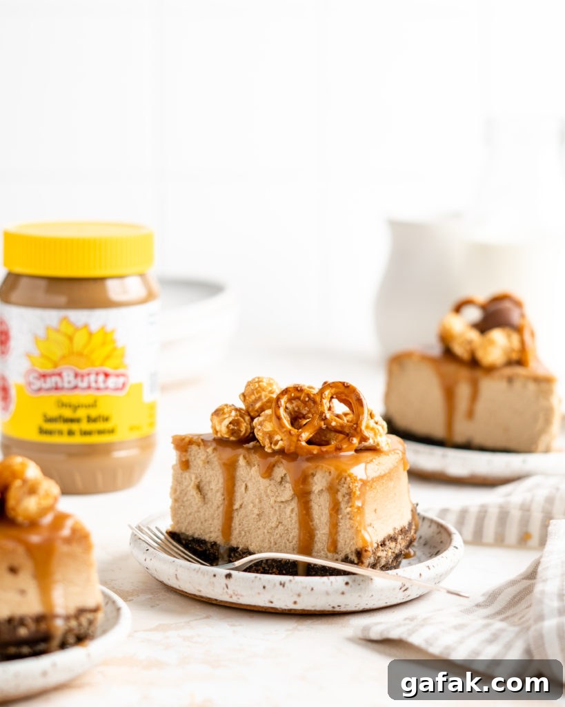SunButter Cheesecake features a chocolate pretzel crust and is topped with a salted caramel sauce