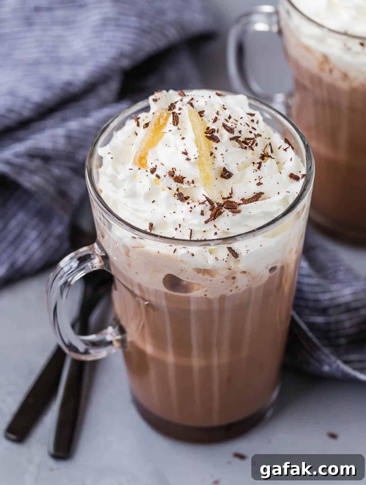 Ginger spiced hot chocolate in a mug with whipped cream and garnishes.