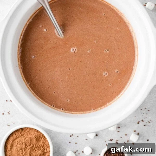 Overhead view of hot chocolate in crockpot.