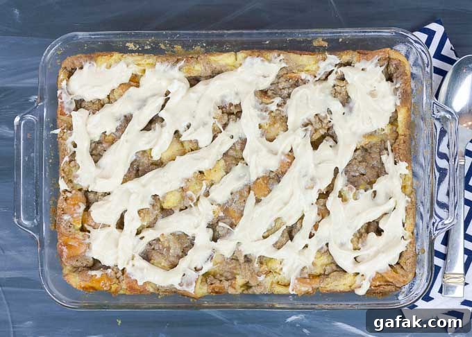 overhead view of Irish Cream Custard Bread Pudding in cake pan