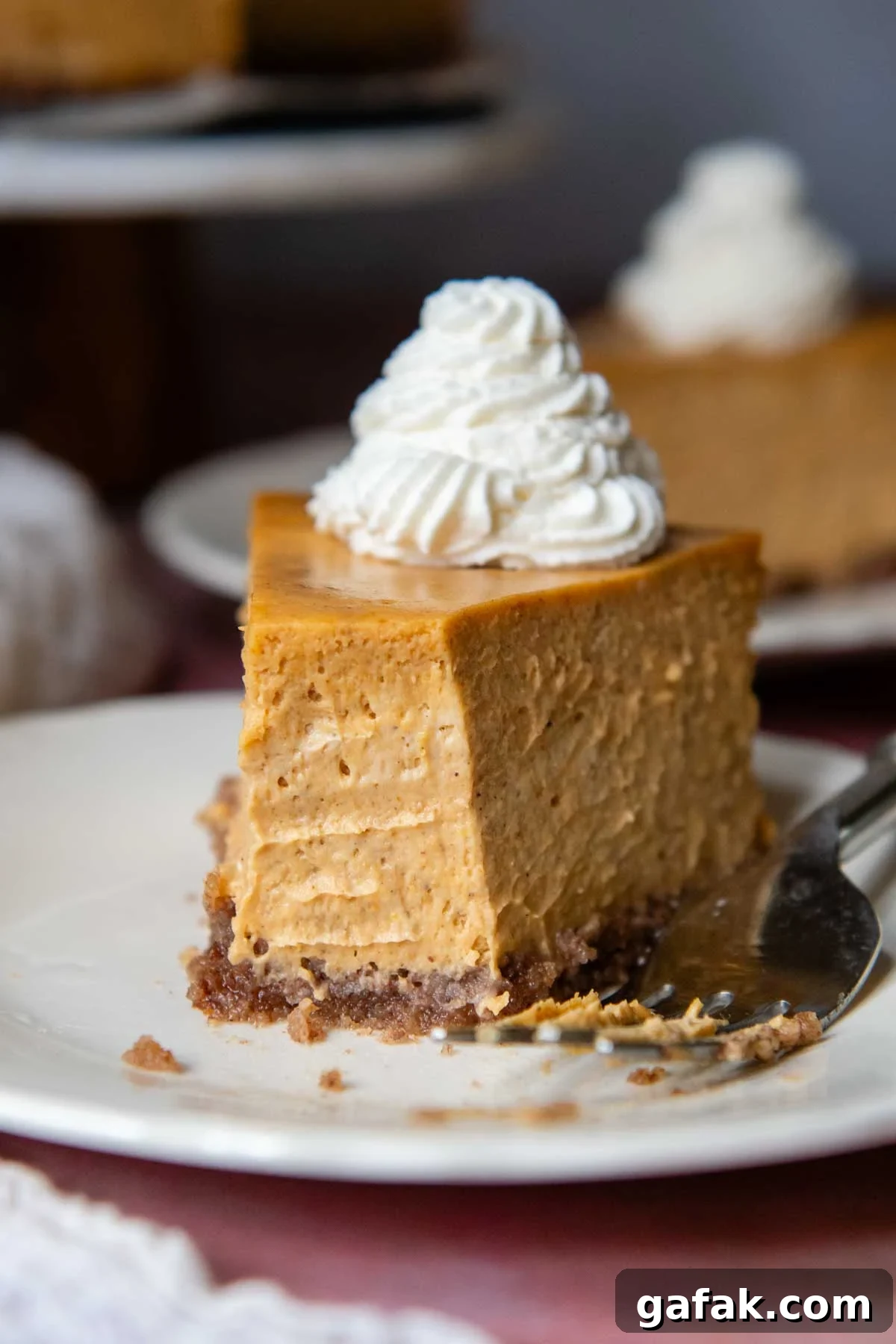 a slice of cheesecake with a bite taken out facing the viewer.