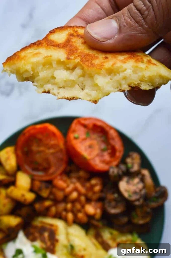 A broken potato pancake held in a hand