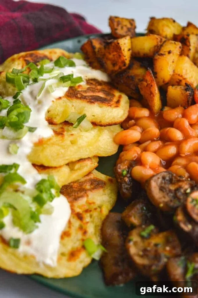 Boxty and mushrooms and beans and potatoes