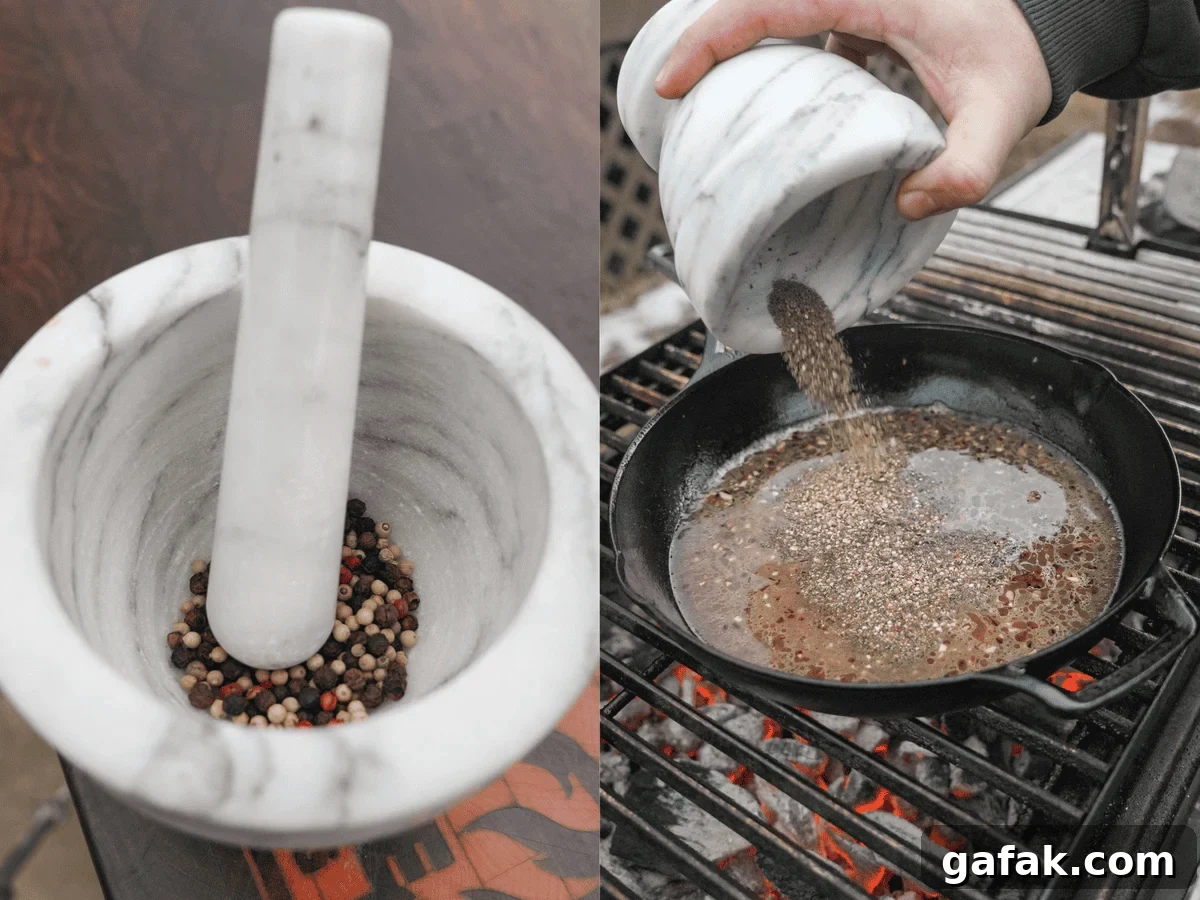 The fresh peppercorns are crushed by hand using a mortar and pestle before getting added to the pan.