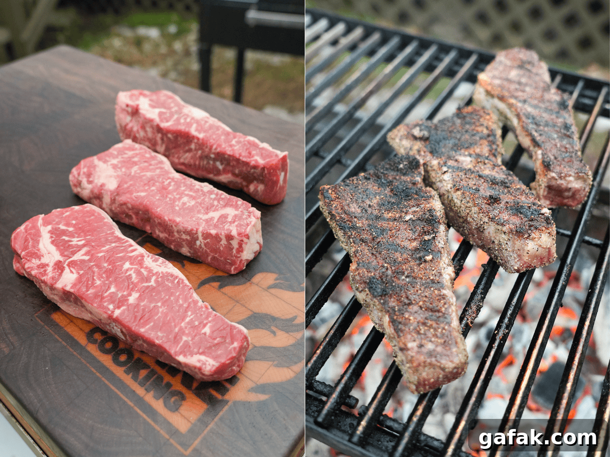 The NY Strip steaks are cooked on the grill. Left is before, right is after.