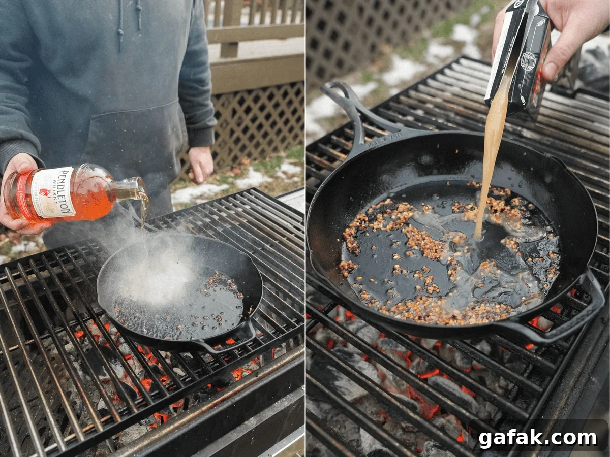 The sauce is built on the cast iron pan on the grill, starting with the shallots.