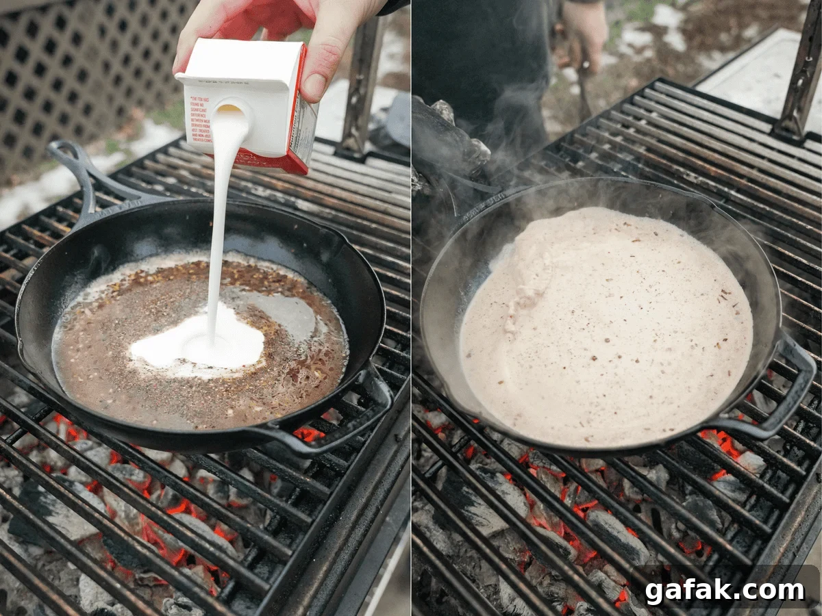 Heavy cream is added to the cast iron pan to build that creamy steak sauce that makes this dish so freakin' delicious.