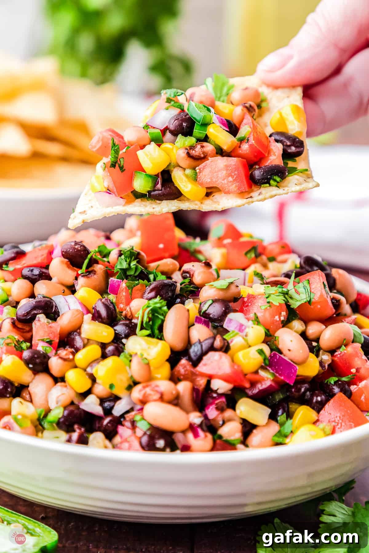 colorful cowboy caviar on a chip