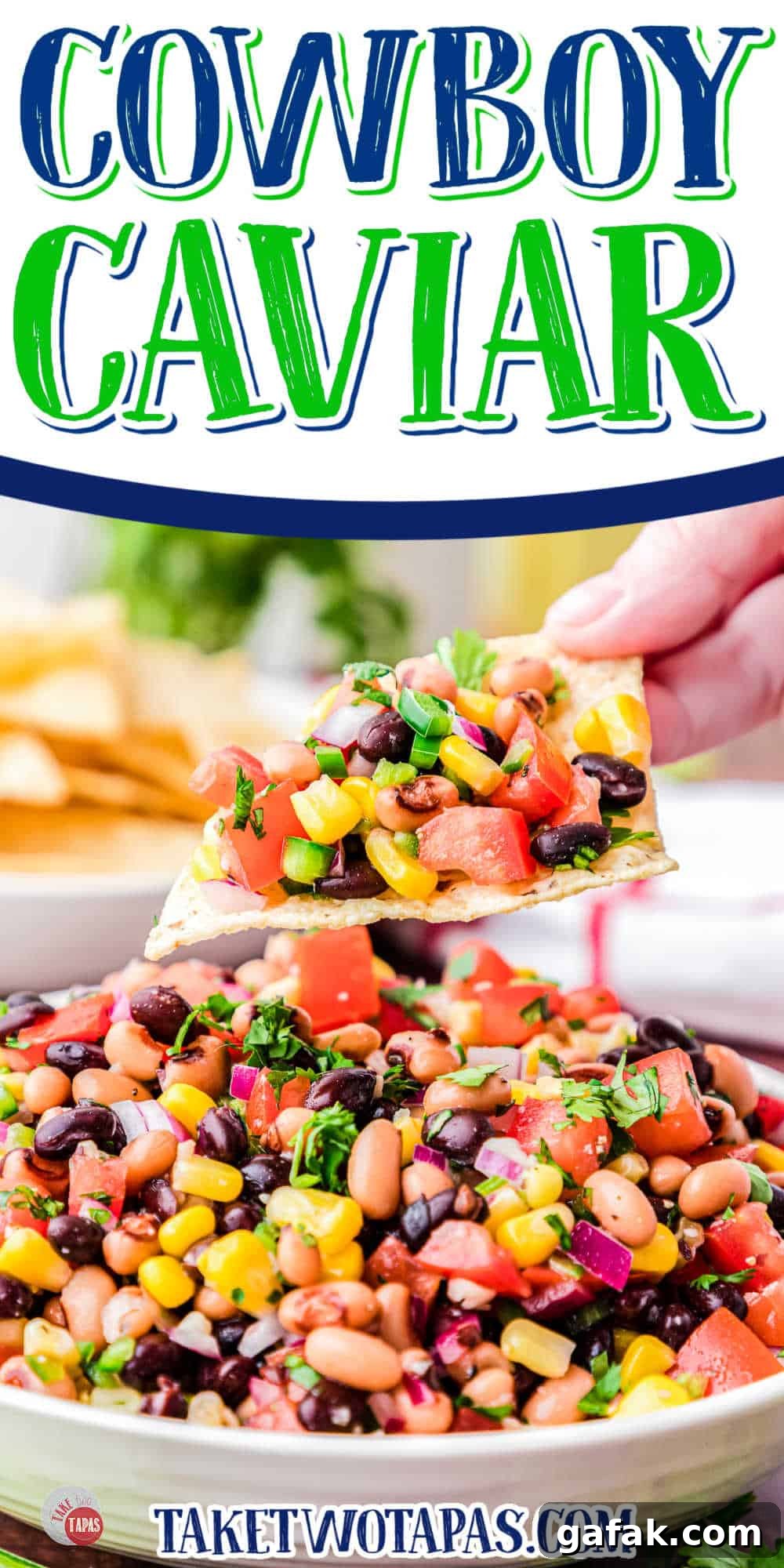 Pinterest Pin with picture: Close up of a white bowl filled with cowboy caviar salad with a chip being held in mid-air filled with the caviar dip. The text box at the top says "Cowboy Caviar" in blue and green writing.