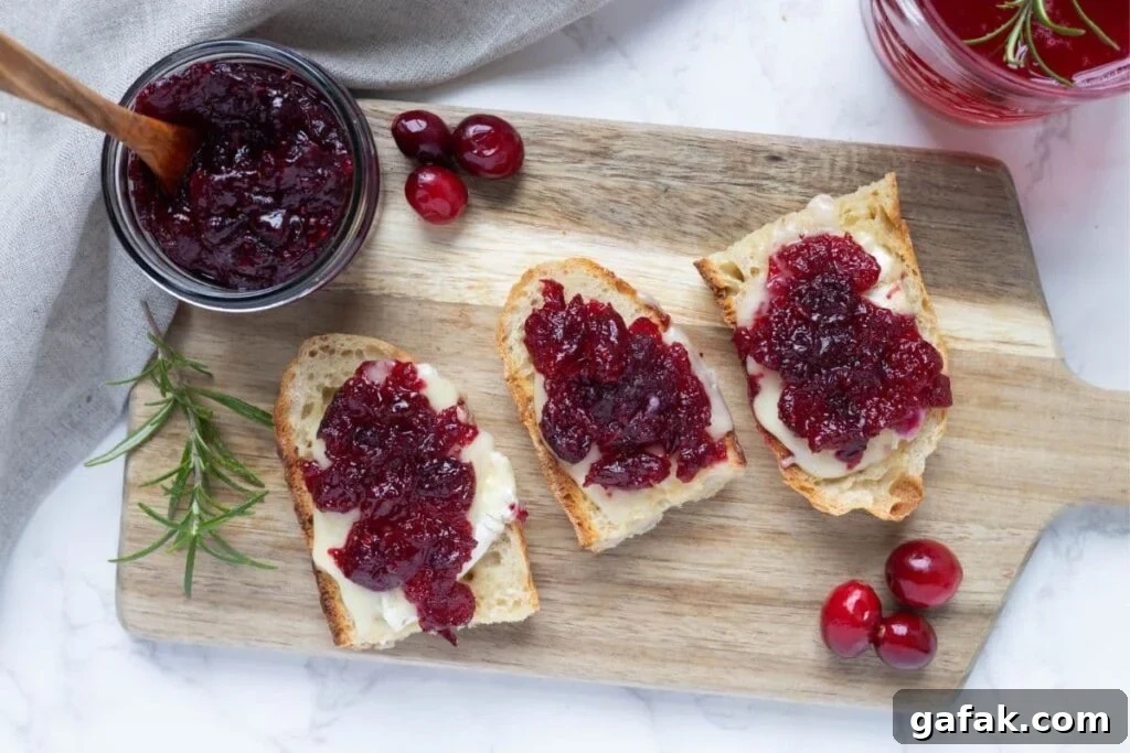 Three slices of sourdough bread topped with cranberry vanilla jam.