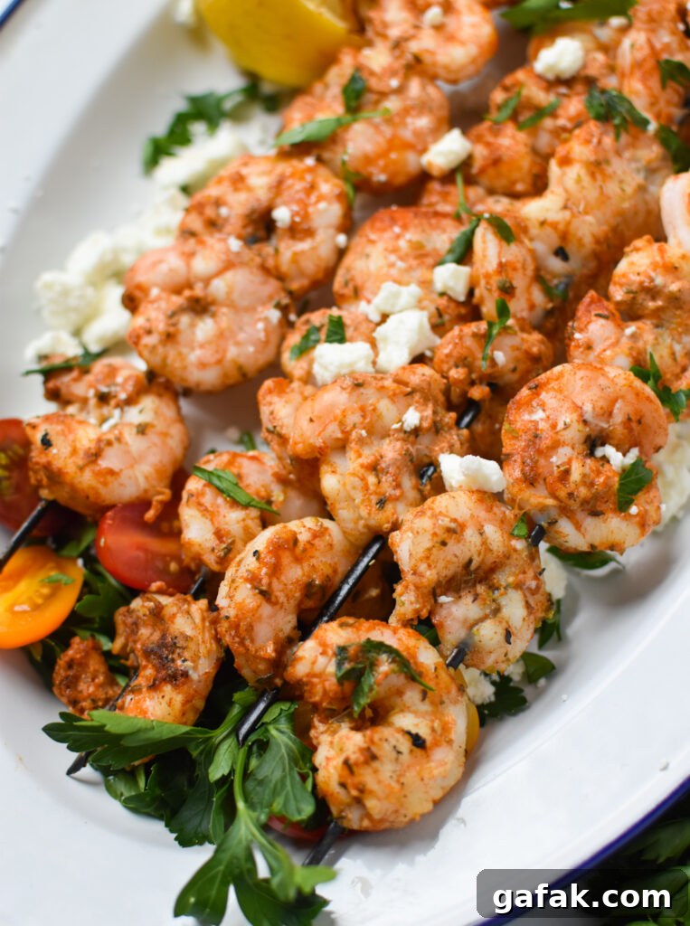 Mediterranean Grilled Shrimp Skewers with feta cheese.