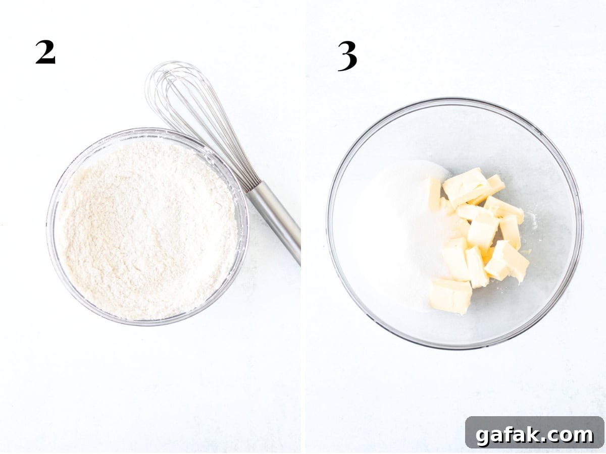 Bowl of dry ingredients whisked together and bowl of butter and sugar