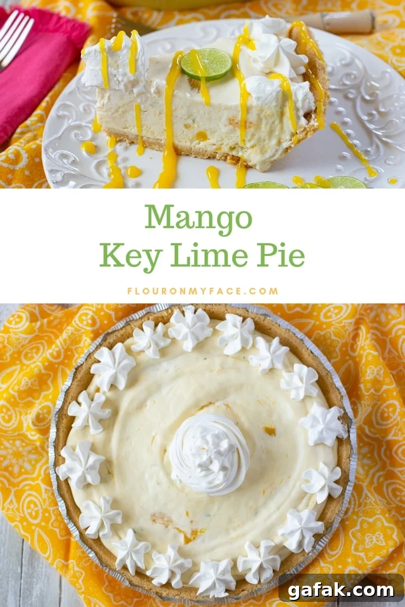 Whole uncut no bake Mango Key Lime Pie on a bright yellow cloth napkin with a photo of a sliced peice of Mango Key Lime with whipped cream, lime slice and mango sauce drizzled over