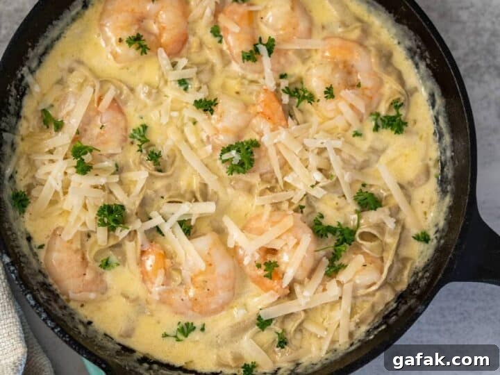 shrimp alfredo in skillet