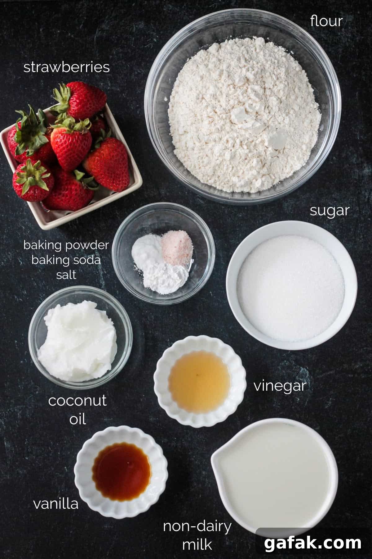 Recipe ingredients arrayed in individual bowls.
