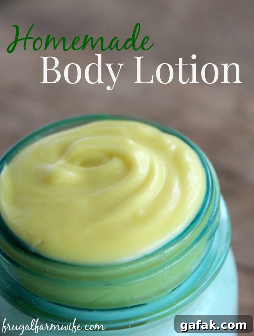 Image shows a light blue jar of off white lotion with text that reads 'Homemade Body Lotion'