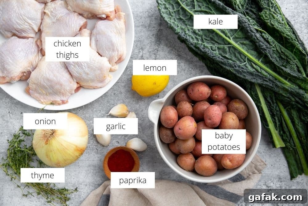 All of the ingredients for the sheet pan chicken dinner arranged on a countertop.