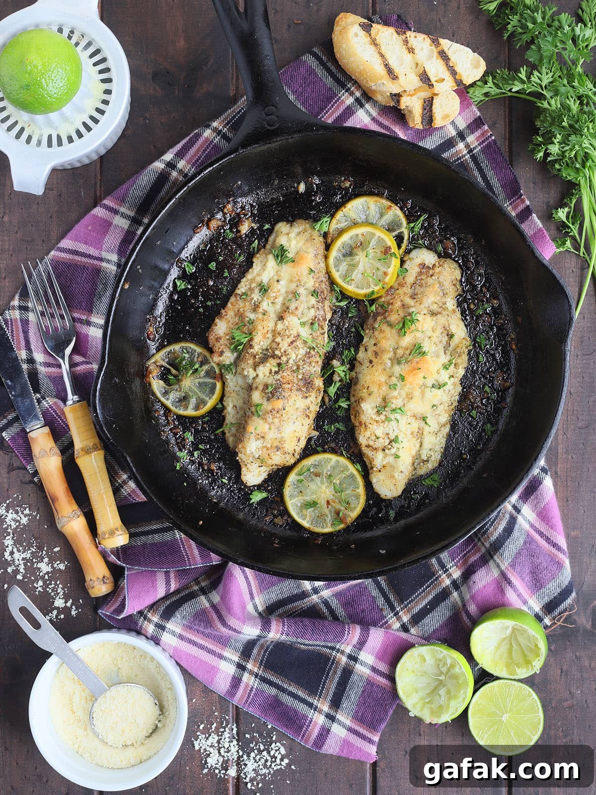 Two catfish fillets garnished with slices of lime in a cast iron skillet.