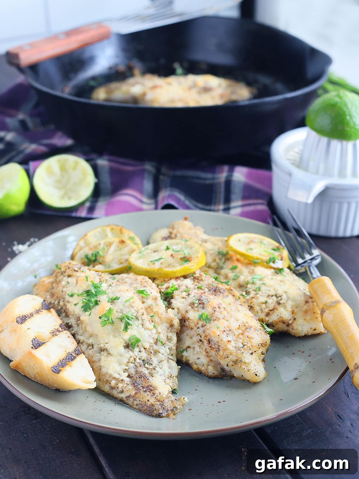 Three catfish fillets garnished with lime slices and toasted bread on a gray serving plate