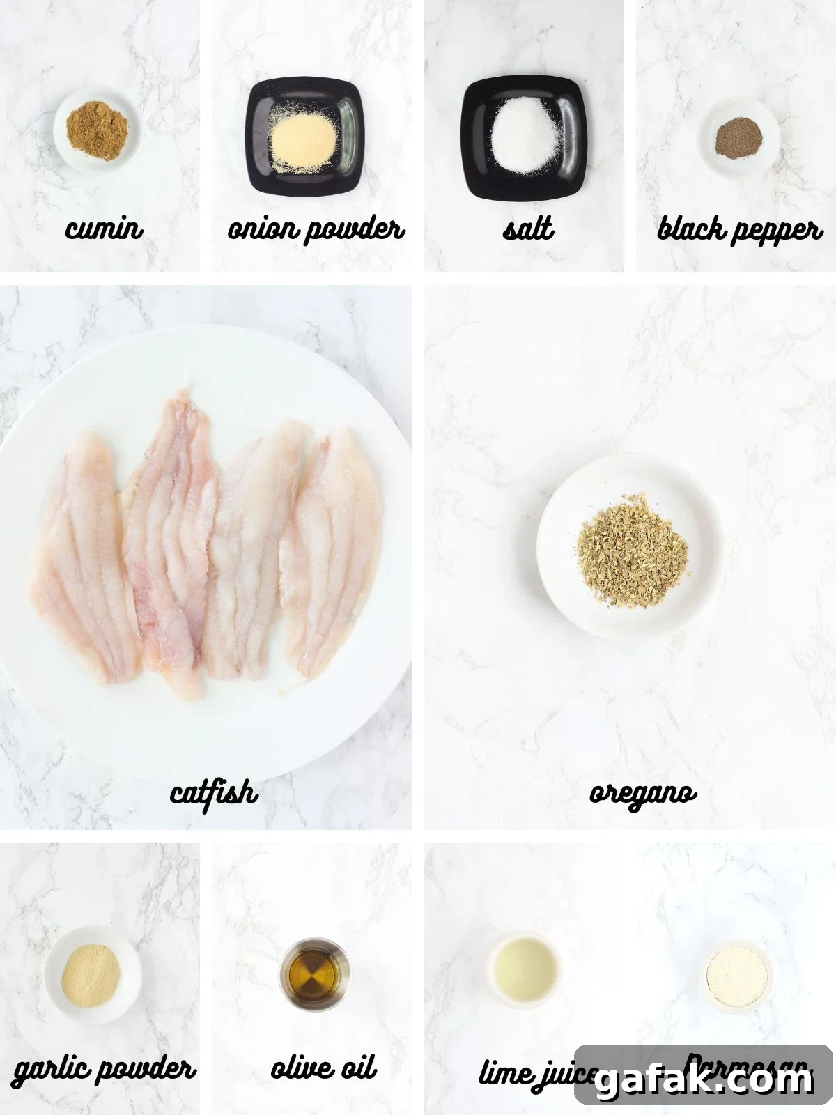 Collage of ingredients needed to make Pan Seared Catfish Fillets.