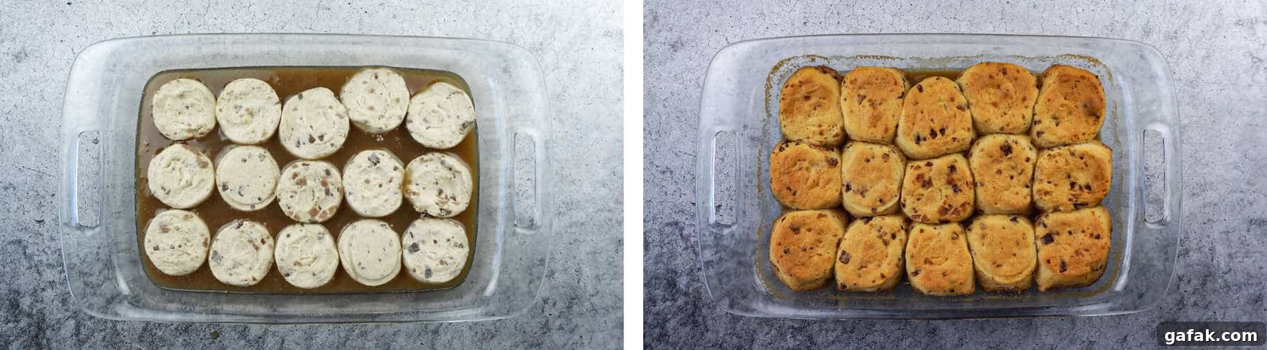 Easy Sticky Buns Recipe before and after baking