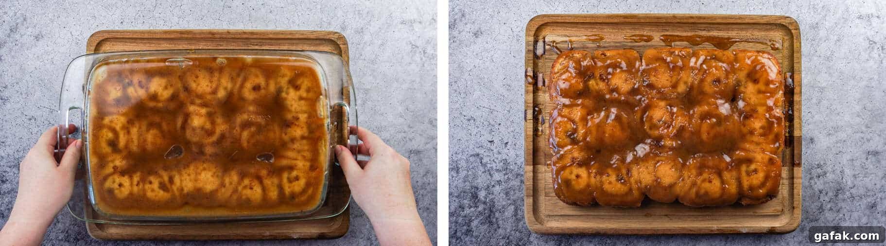 Easy Sticky Buns, inverted in baking dish and inverted on cutting board