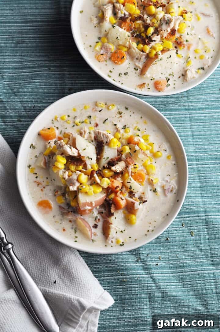 Chicken chowder in bowl with corn and potatoes
