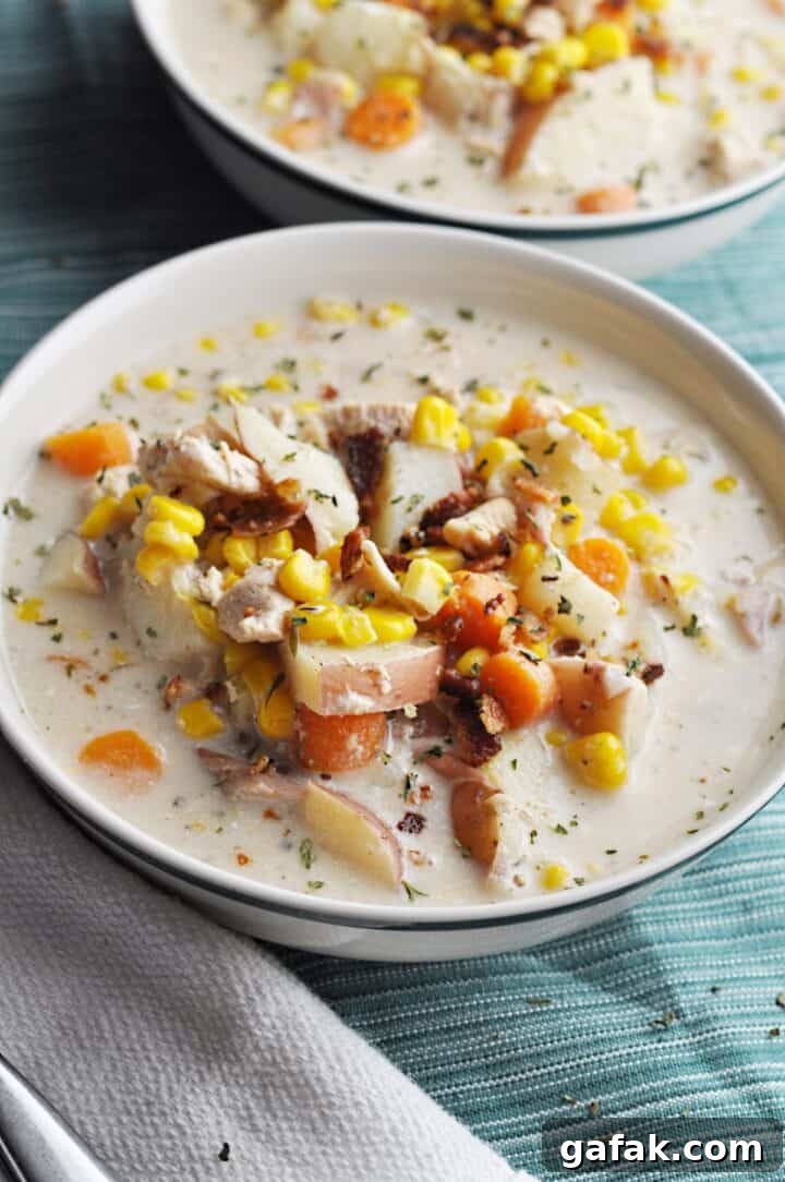 Corn soup with chicken, potatoes, and carrots in bowl