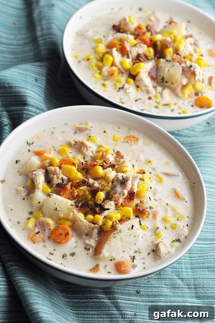 Potato chowder with chicken and corn in bowl