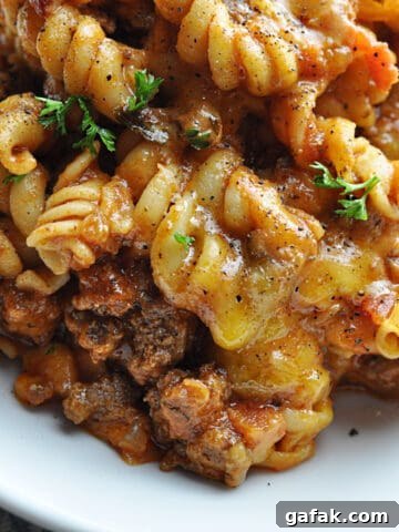 Goulash with rotini pasta, ground beef, and cheese.