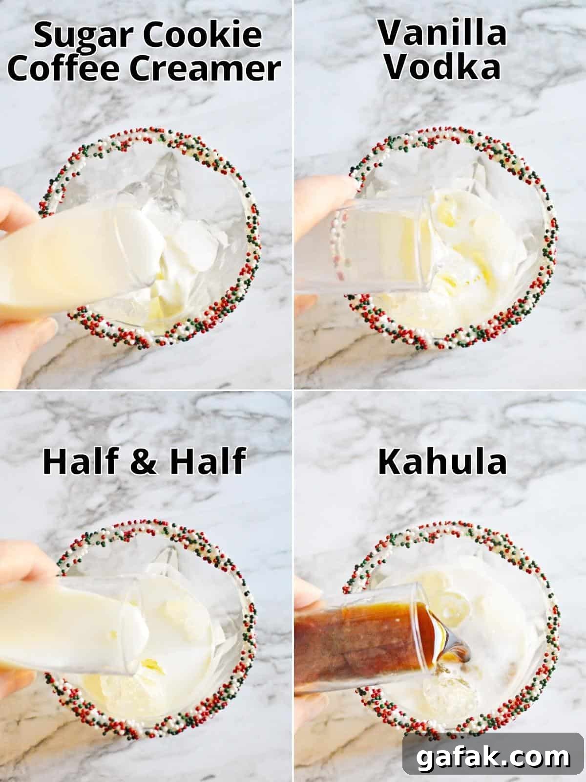 4 image collage of ingredients being poured into sprinkle-rimmed glass filled with ice: sugar cookie coffee creamer, vanilla vodka, half & half, and kahula