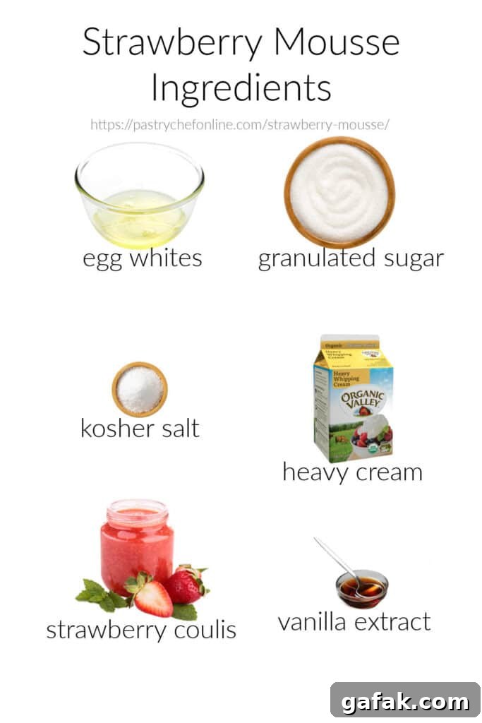 Labeled images of the ingredients needed to make strawberry mousse arranged on a white background: egg whites, granulated sugar, kosher salt, heavy cream, strawberry coulis, and vanilla extract.