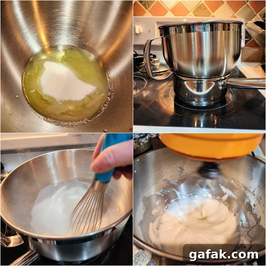 A collage of 4 images showing how to make Swiss meringue.