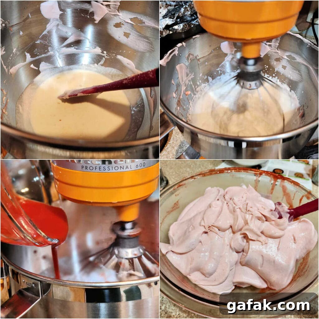 A collage showing whipped cream being prepared and combined with coulis.