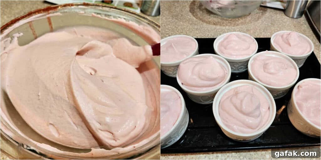 Mousse in a bowl and individual ramekins arranged on a tray.