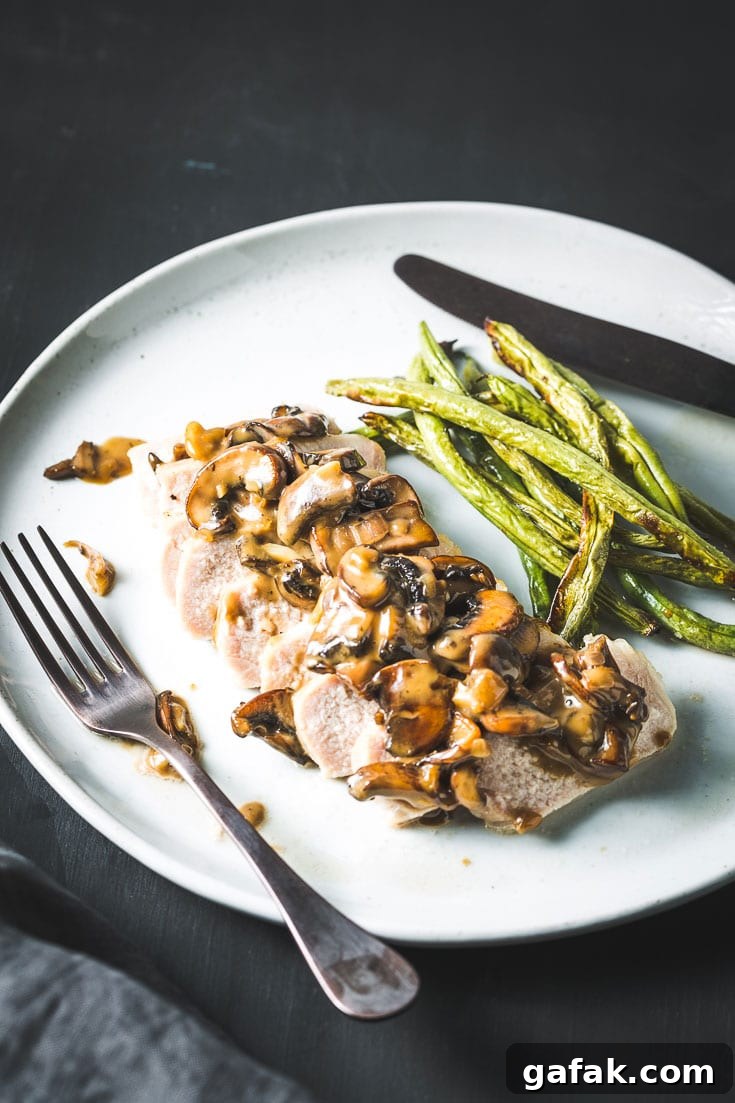 Brined and Air Fried Pork Chops and Mushroom Vermouth Sauce Horizontal overhead