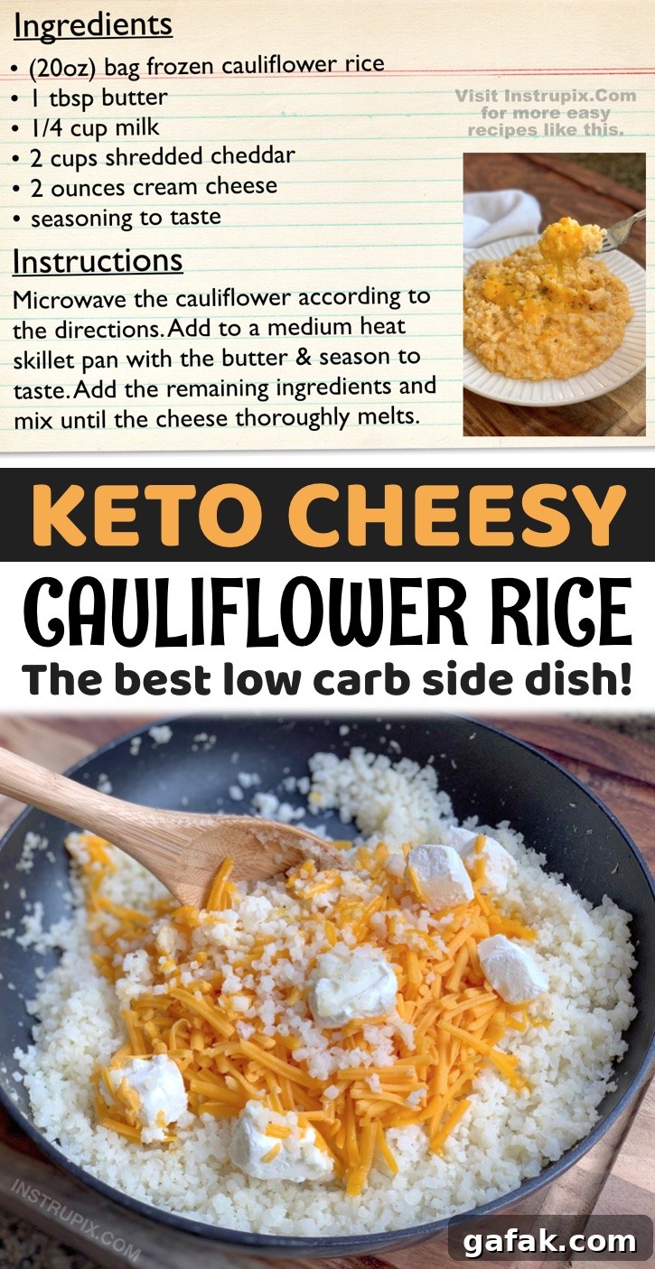 This cheesy cauliflower rice is healthy, easy to make, and absolutely delicious. Serve with chicken, steak or fish.