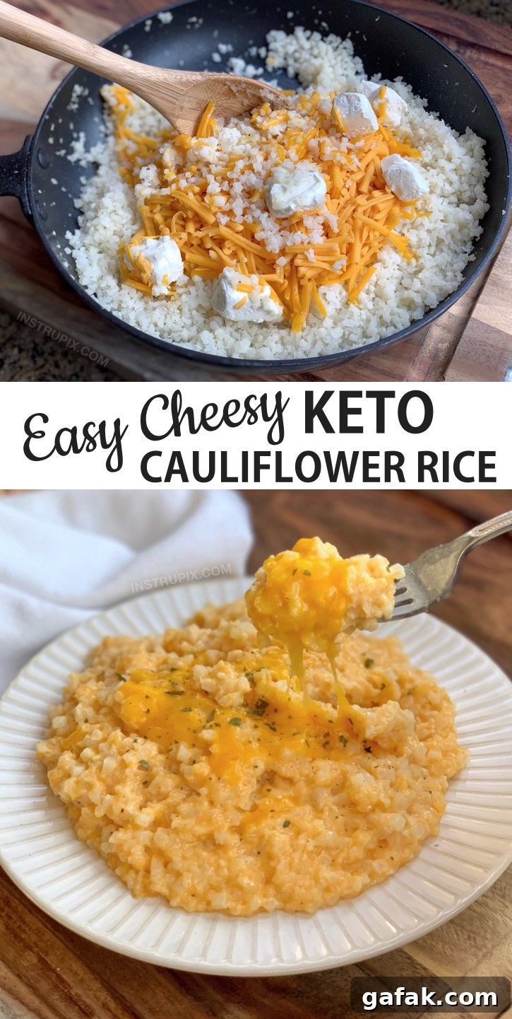 A quick and easy keto & low carb side dish recipe! This simple cheesy cauliflower rice is THE BEST! The entire family will love it.