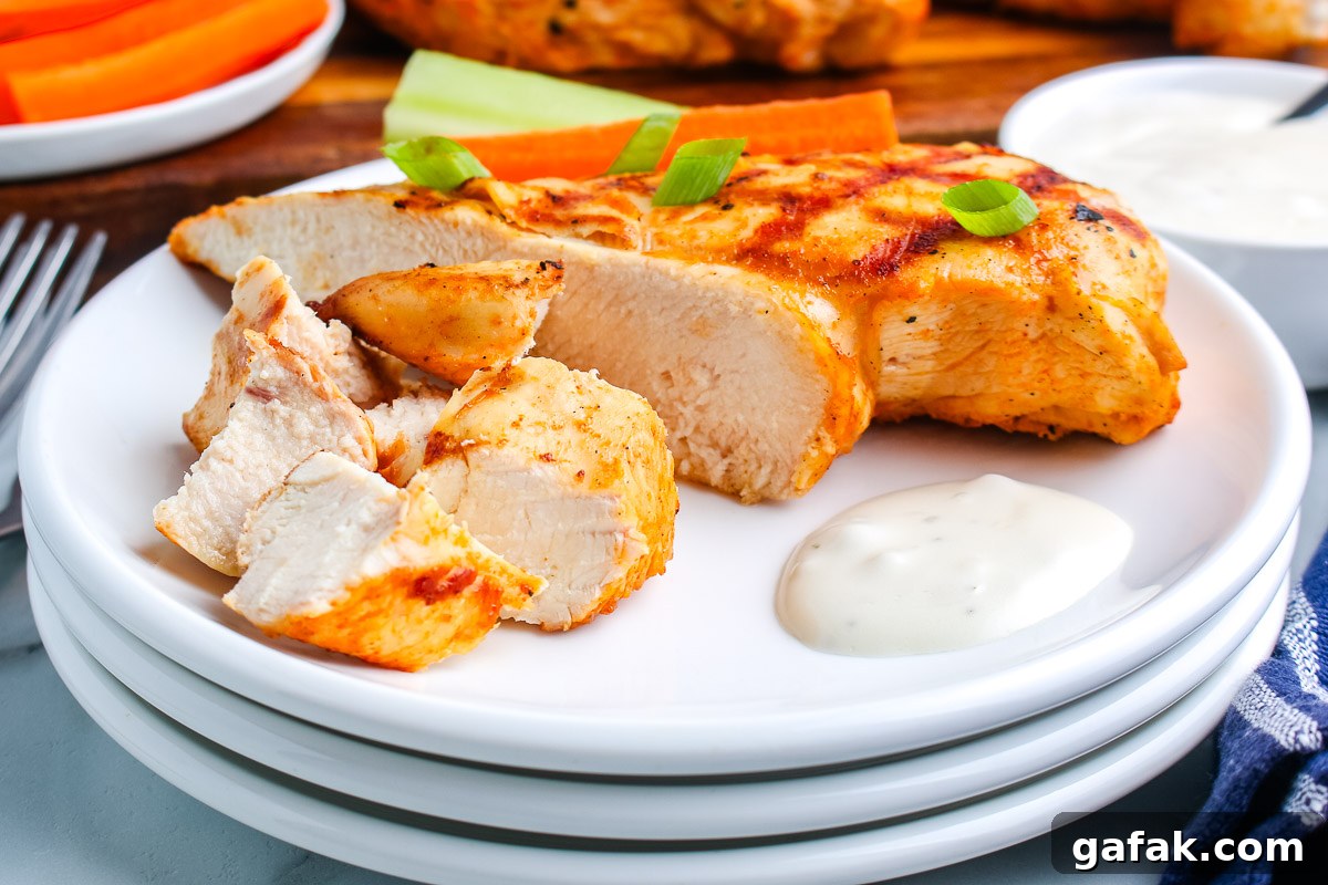 Sliced grilled buffalo chicken breast served with ranch dressing and green onions on a white plate.