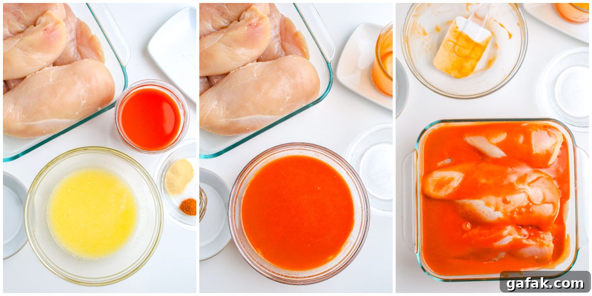 Step by step collage showing buffalo sauce preparation and chicken marinating in buffalo sauce.