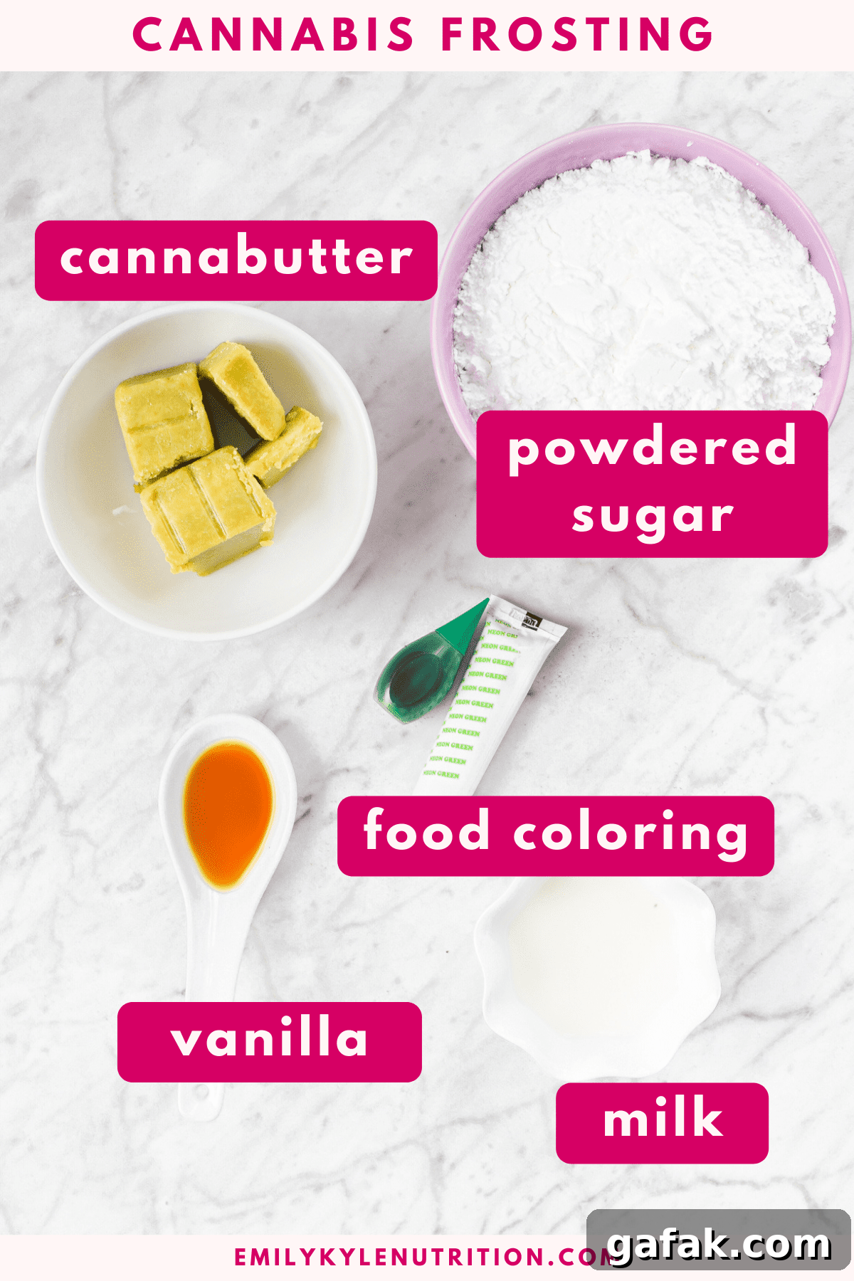 A white countertop with the ingredients needed to make cannabis buttercream frosting