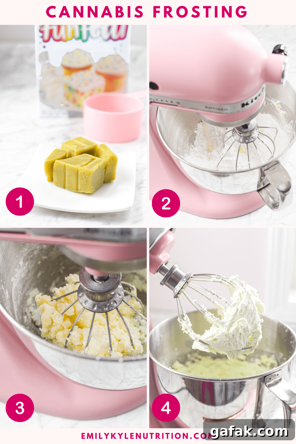 A four step image collage showing the first four steps needed to make cannabis buttercream frosting