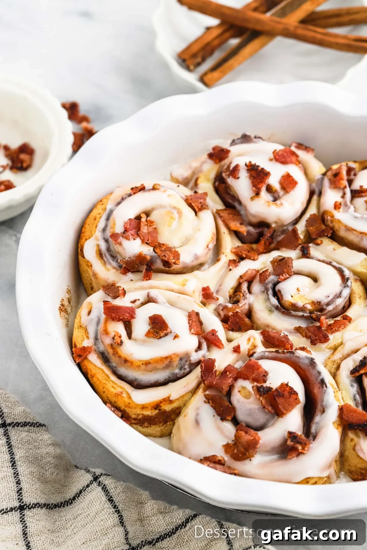 Baking dish with Bacon Cinnamon Rolls. 
