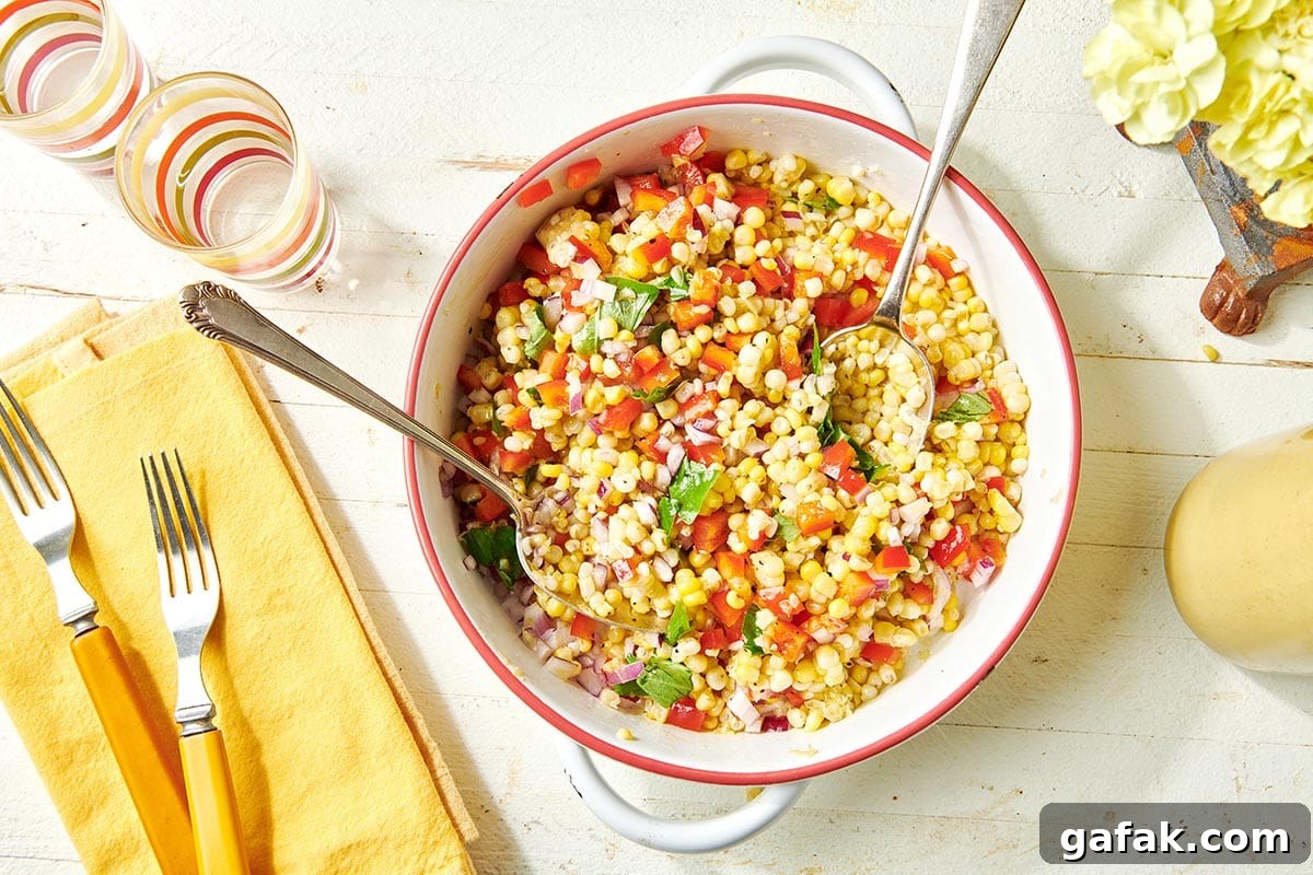 Grilled Corn Salad in white bowl on table.