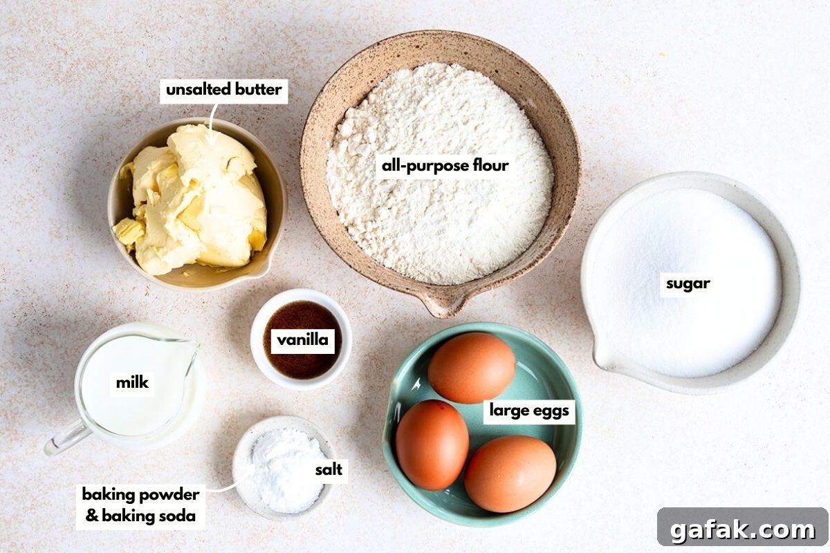 A flat lay of baking ingredients in bowls: unsalted butter, all-purpose flour, sugar, milk, vanilla, large eggs, salt, baking powder, and baking soda, each labeled with text on the image.